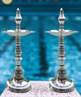 Solino Silver Plated Brass Kashi Kerala Diya,Deepak,Lamp,Designer Long Diyas for Home-2 Brass, Silver Plated (Pack of 2) Table Diya Set