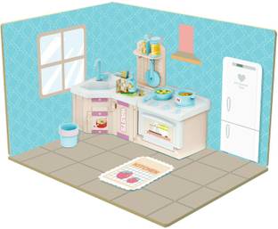 Webby DIY Kitchen Room Wooden Doll House with Plastic Furniture, Dollhouse for Kids