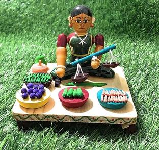 Crafts India Handcrafted Wooden Vegetable Selling Lady Doll/Toy- Jamuna - 13 cms