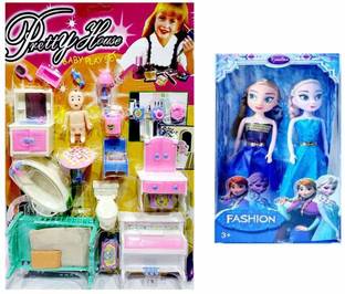 ANANYA CREATIONS Pretty Home Baby Play Doll Sets with Small House 20 Accessories, 2 Sisters Doll