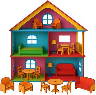 Clapjoy Wooden Doll House with Furniture for kids of Age 3+ Years | Best Birthday Gift