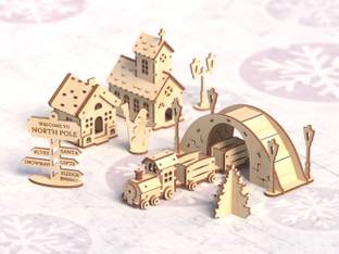 Raystar DIY Wooden North Pole Christmas Village Model Kit, Train with Tunnel, Houses