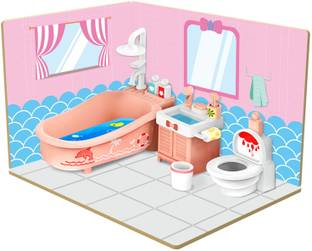 Webby DIY Bath Room Wooden Doll House with Plastic Furniture, Dollhouse for Kids
