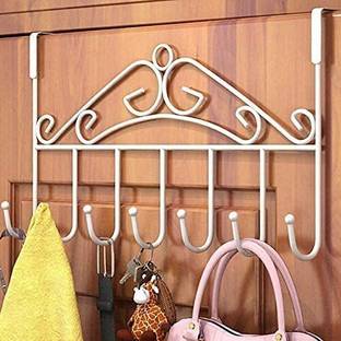 RSji Over the Door Hanger with 7 Hooks for Clothes, Purses, Towel, Scarf, Belt, Hat, etc. Metal Hanging Rack Organizer NO Hole Drilling Require ( White colour) Door Hanger