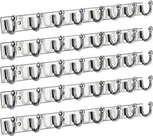 URIM Premium Stainless Steel 8 Pin Cloth Hanger Wall Mounted Bathroom Cloth Hanger,Coth Wall Hook,Door Hooks Rail for Hanging Keys,Clothes,Towel (Pack of 4) WITH 2 J HOOKS Door Hanger