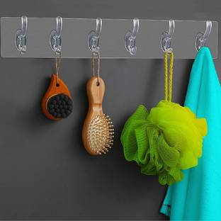YASHVNI Self Adhesive Heavy Duty Hook Rail with 6 Hooks (No Drill/Nail) HG465 Accessories Organizer