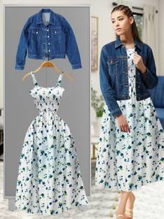 LEETOS Women Fit and Flare Dark Blue, White, Blue Midi/Calf Length Dress