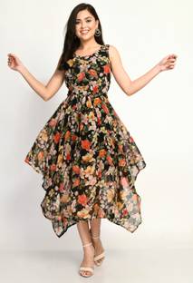 Shiva Trends Women Asymmetric Multicolor Midi/Calf Length Dress