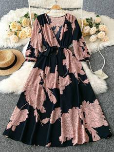 Sheetal Accociates Women Fit and Flare Black, Brown Midi/Calf Length Dress
