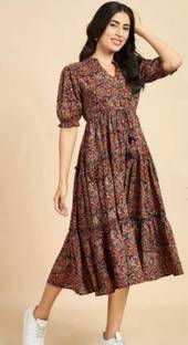 Clothmagnet Women Fit and Flare Brown Midi/Calf Length Dress