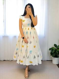 egrecia Women Fit and Flare Beige Midi/Calf Length Dress