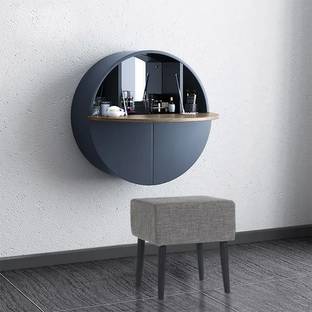 KDINTERIORS Modern Grey Round Wall-Mount Makeup Vanity Table Set with Mirror Engineered Wood Dressing Table