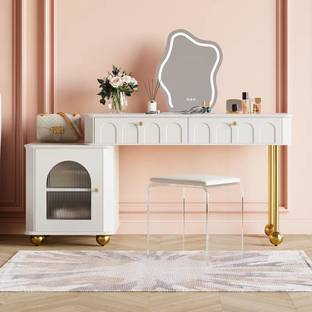 NG Decor Makeup Vanity Set Dressing Table with Lighted Mirror & Cabinet & Stool Engineered Wood Dressing Table
