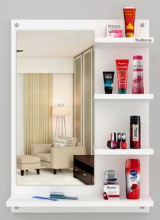 Madhuran Mico Mini Engineered Wood Wall Mount Dressing Table Mirror with Shelves White Engineered Wood Dressing Table