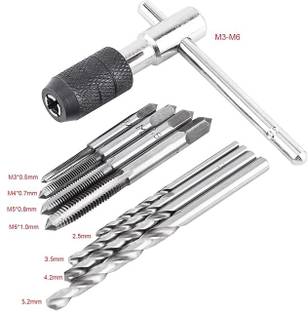 AS TOOL CENTER 9PCS Set M3 to M6 Screw Taps T Handle Ratchet Tap Holder Wrench Twist Drill Bits Threading Tapping Hand Tool Kit,