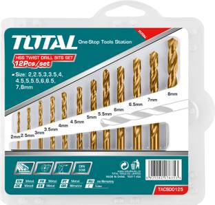 TOTAL 12 PCS HSS Twist / Flute Type Drill Bits Set | Rust Proof 118 Degree Cutting Angle | Precise Hole Making | Wood, Plastic & Metal Cutting |