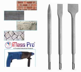 Mass Pro 3Pcs SDS Plus Hammer Drill Chisel Set 3 Point/Flat/Cranked for Rotary Hammer