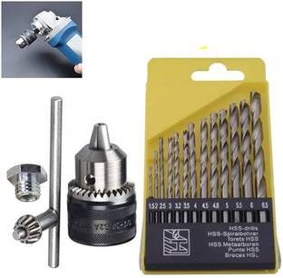Kiesh Drill Bits 13 mm Drill Chuck for Angle Grinder and Drill Machine with Converter Nut Adaptor Key and 13 Pcs of Hss Drill Bit Set Size 1.5-6.5 mm DCAB03 Rotary Tool