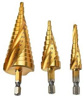 Bluedeal Step Drill Bit Spiral Flute 3-Piece Set,HSS Titanium Coated Drilling Tool Hex Step Drill Bit Spiral Flute 3-Piece Set,HSS Titanium Coated Drilling Tool Hex