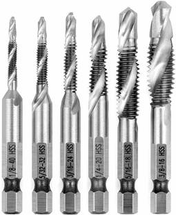 GSK Cut Combination Drill & Tap Bit Set Deburr Countersink HSS 1/4” Hex Shank - 6pcs Drill and Tap Bit Set 1/8”- 3/8”