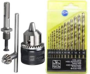 High Q COMBO OF 13PCS HSS DRILL BIT SET & 13MM DRILL CHUCK WITH ADAPTER