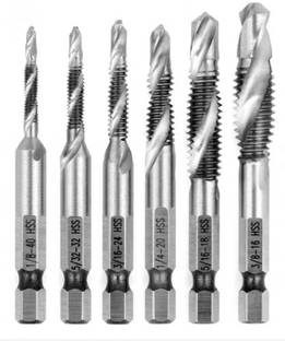 NITYA 6pcs 1/4 1/8 5/32 3/16 3/8 5/16 Inch HSS Combination Drill Tap Bit Set Hex Shank Deburr Countersink Bit for Woodworking Drilling