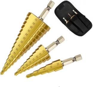 RDX 3Pc Hss Step Cone Taper Drill Bit Set Hole Cutter Metric 4-12/20/32Mm 1/4 Inch Titanium Coated Metal Hex Bits