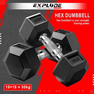 RAWFIT Rubber Coated Hexa Dumbbell Set For Men & Women 15 Kg Pair Fixed Weight Dumbbell
