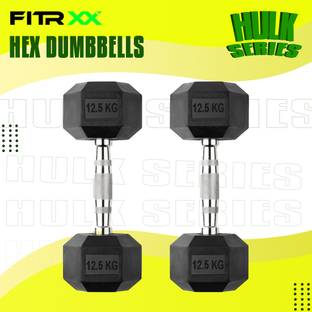 FITRXX Hex Rubber Coated Professional Exercise Gym Dumbbell Hulk Series 12.5kg pair Fixed Weight Dumbbell