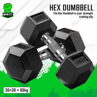 RAWFIT Rubber Coated Hexa Dumbbell Set For Men & Women| 30 KG Pair Fixed Weight Dumbbell