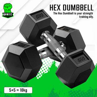 RAWFIT Rubber Coated Hexa Dumbbell Set For Men & Women| 5 KG Pair Fixed Weight Dumbbell