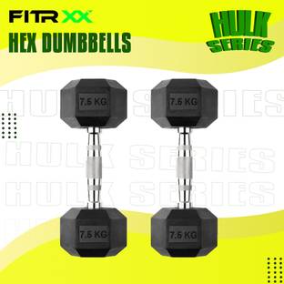 FITRXX Hex Rubber Coated Professional Exercise Gym Dumbbell Hulk Series 7.5 kg pair Fixed Weight Dumbbell
