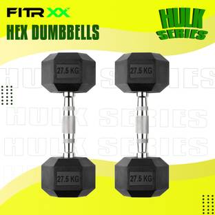 FITRXX Hex Rubber Coated Professional Exercise Gym Dumbbell Hulk Series 27.5kg pair Fixed Weight Dumbbell
