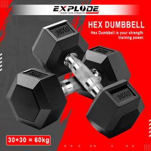 Explode Rubber Coated Hexa Dumbbell Set For Men & Women 30 Kg Pair Fixed Weight Dumbbell
