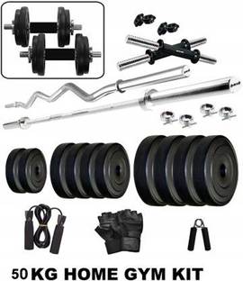 DCS Pro 50 kg FITNESS 50kg PVC Dumbbell Set + 3ft.(Straight + Curl) BARS + FITNESS ACCESSORIES Home Gym Combo