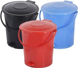 Heart Home 3 Pieces Plastic Dustbin Garbage Bin with Handle, 10 Liters (Blue, Black & Red) - CTHH16396 Plastic Dustbin