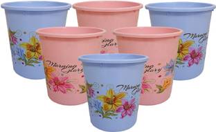 KUBER INDUSTRIES Plastic Exclusive 6 Pcs Virgin Floral Dustbin/Garbage Bin, 5 Litre, Blue & Pink-CTKTC21377 Plastic Dustbin