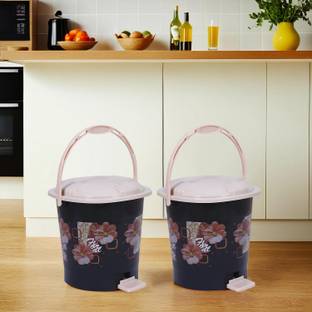 HOMESTIC by Kuber Industries Floral Print Plastic Pedal Dustbin With Handle,7 Litre,Pack of 2 (Black) Plastic Dustbin