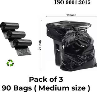 PurePack Dustbin bag Garbage Bag Durable Black Trash Bags (3 Rolls) Medium 11 L Garbage Bag  Pack Of 90