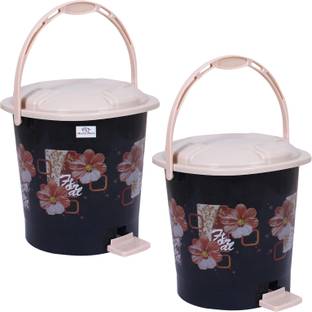 Heart Home Floral Print Plastic Dustbin, Pack of 2, Black Plastic Dustbin