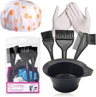 MAJESTIQUE Hair Dye Coloring Kit with Dye Brush Hair Tinting Bowl Hair Cape and Gloves 6PC Black Hairdye Mixing Bowl
