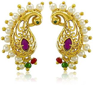 VAMA Traditional Gold Marathi Jewellery Peacock Design Stud Earring Piercing Pearl Stone Stud Earring