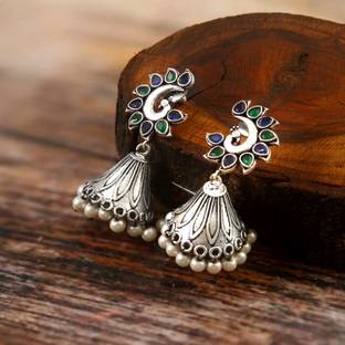 Tanusha Jewels Beautiful Silver Oxidised jhumkki for women & girls Pearl Brass Jhumki Earring