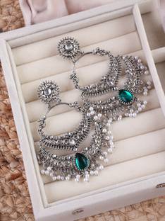 Shonas Style Oxidised Silver with Green Stone Chandbali Earrings for women & girls Alloy Chandbali Earring