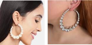 ZuriKrisha Combo of 2 Silver & White Pearl Hoop Earrings for Girls & Women Pearl Alloy Hoop Earring