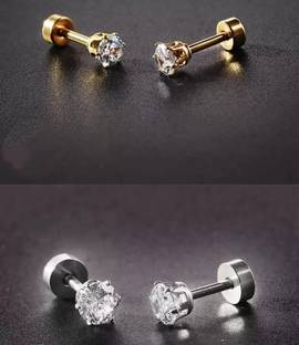 Femzone Combo of Gold and Silver Small Round Crystal Stud Earrings Cubic Zirconia Stainless Steel Stud Earring