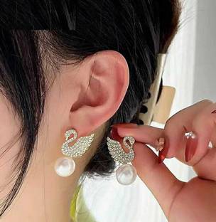 YU Fashions Yu Fashions Swan Bird Shaped Pearl Drop Korean earrings Pair Cubic Zirconia Metal Drops & Danglers
