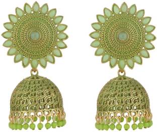 Mode Mania Classic Gold Plated Green color Stone studded Jhumka Earring_B Cubic Zirconia Brass Jhumki Earring