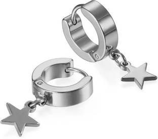 Jagsun Star Drop Earrings Silver Hoop for Men & Boys Cubic Zirconia Metal Stud Earring, Huggie Earring