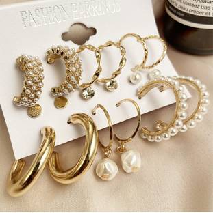 Vembley Combo 9 Pair Stunning Gold Plated Pearl Alloy Hoop Earring